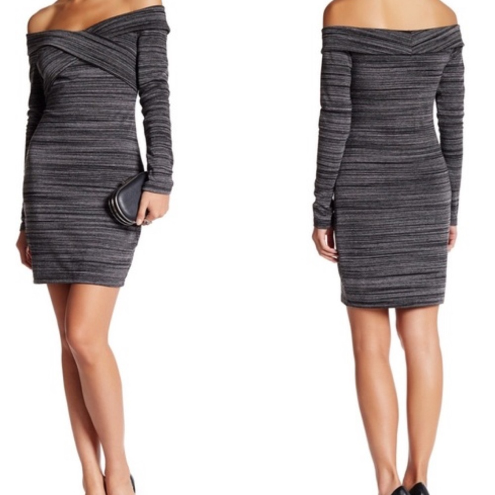 Astr Gray Ruched Off-Shoulder Sheath Dress